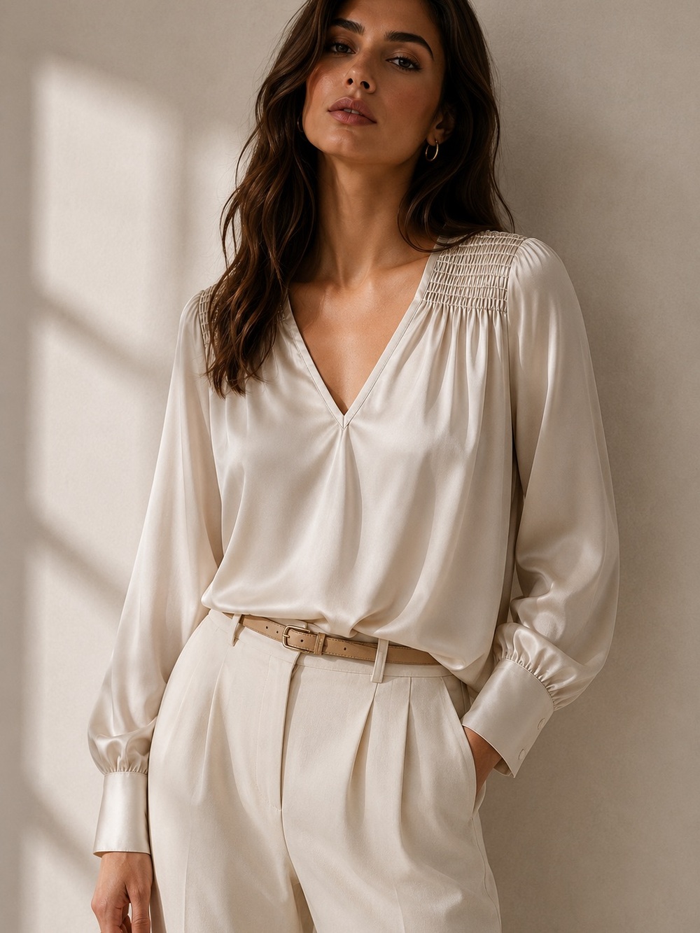 White House Black Market cream /champagne, silk blouse Size M NWT